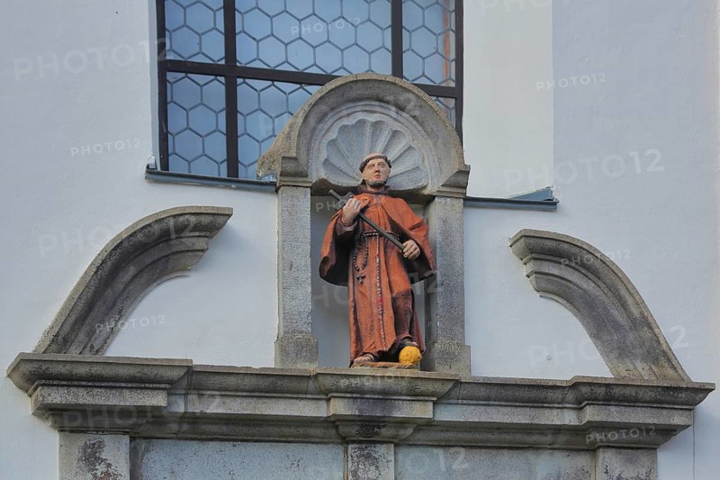Saint Francis Carrying a Cross sculpture, Assumption Church - former Franciscan monastery, Hachenburg, Westerwald, Rhineland-Palatinate, Germany