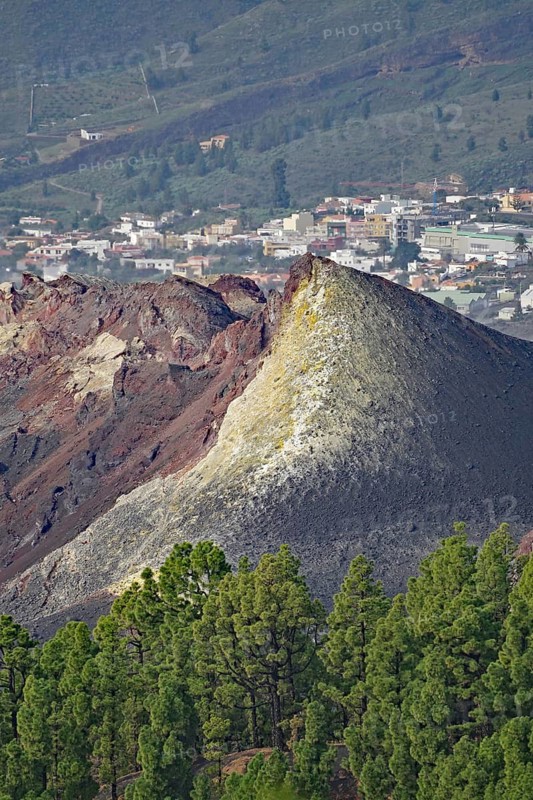 A volcanic hill of red rock rises in front of a town and dense pine forests, last volcanic eruption of Cumbre Vieja, Todoque, La Palma, Canary Islands, Spain