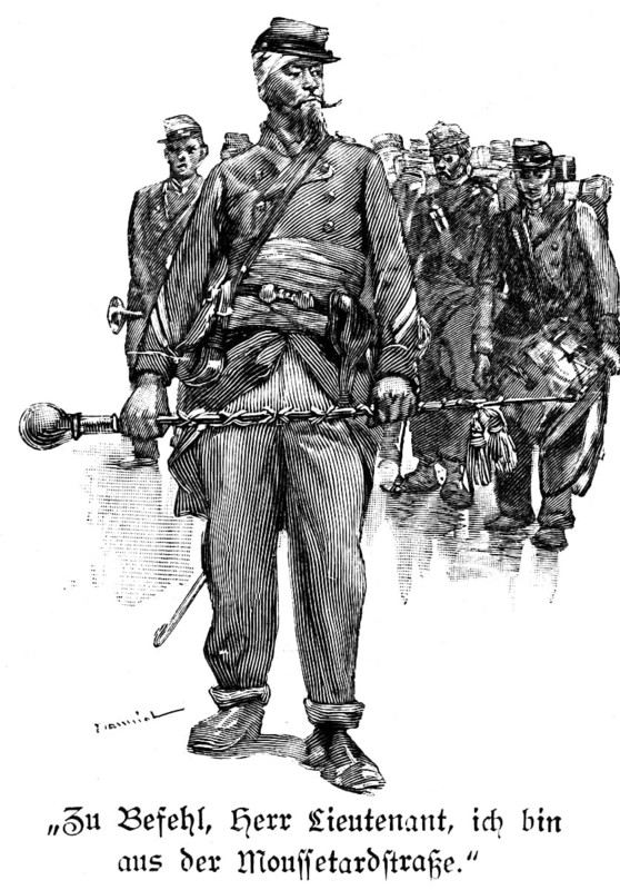 At your command, Lieutenant, Paris, soldiers, officer, corps leader, drum, music corps, staff, France, historical illustration c. 1898