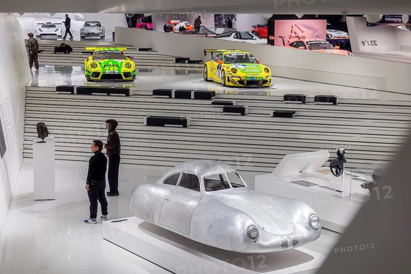 Porsche Museum Stuttgart. The Porsche Type 64, built in 1939, is the forefather of Porsche sports cars. The automotive museum of Dr. Ing. h.c. F. Porsche AG shows racing cars and iconic cars from automotive history. interior view. Zuffenhausen, Stuttgart, Baden-Württemberg, Germany
