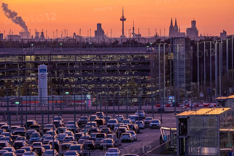 Cologne-Bonn Airport car parks, Cologne city center skyline, Cathedral, North Rhine-Westphalia, Germany