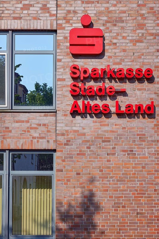Logo and lettering of Sparkasse Stade-Altes Land on the facade of the branch in Stade, Hanseatic city, district of Stade, Lower Saxony, Germany