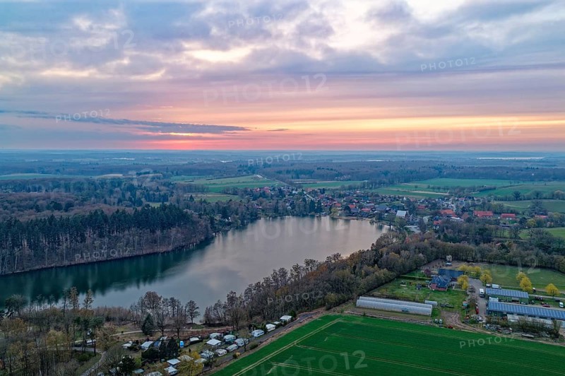 Evening atmosphere around the Schaalsee Canal and Lake Salemer in the Duchy of Lauenburg in spring. aerial view. UNESCO Biosphere Reserve Schaalsee, Kittlitz, Schleswig-Holstein, Germany