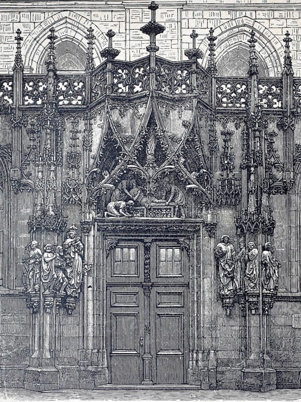 Late Gothic portal to the Laurentius Chapel of the Münster in Strasbourg, Strasbourg Cathedral, 1880, France, illustration, reproduction from a model from the 19th century. Authentic, file restored for optimal use, exact date of submission unknown, historical