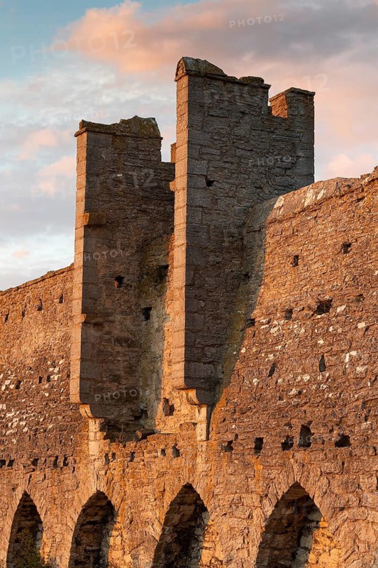 Historic city wall in the evening light, Hanseatic city of Visby, UNESCO World Heritage Site, Gotland Island, Sweden