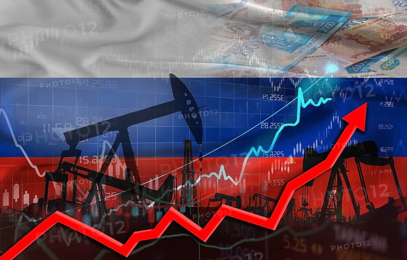 Oil production with Russian flag, petrol industry. Oil pumps with Russia flag