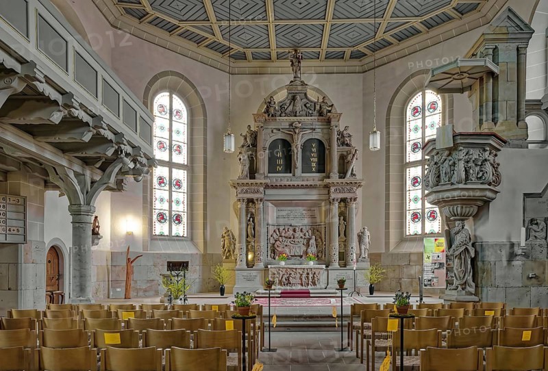 Historic Evangelical Lutheran St. John's Church, City Church, Interior View, Renaissance Altar, Sandstone Tower, Bad Schandau, Elbe Sandstone Mountains, Saxon Switzerland, Saxony, Germany