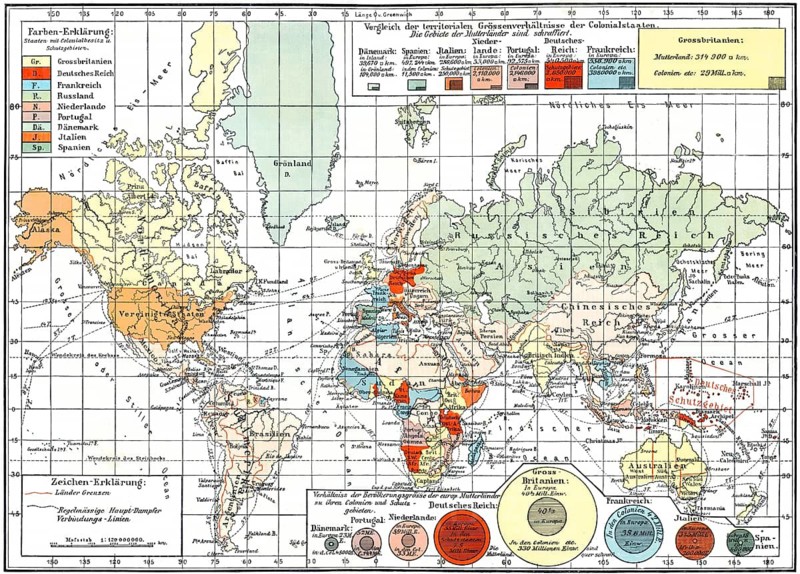 Map of colonial empires throughout the world, end of the 19th century, Weltkarte der Verteilung der Welt unter den Kolonialmächten, Ende 19. Jahrhundert
