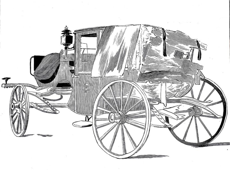 Picture shows the damaged carriage of Tsar Alexander II after the bombing in Saint Petersburg on March 13, 1881, Russia, illustration, reproduction from a model from the 19th century. Authentic, file restored for optimal use, exact date of submission unknown, historical