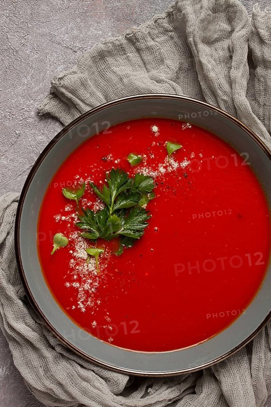 Tomato soup, with herbs and spices, homemade, no people
