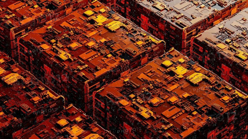 This background showcases a complex arrangement of abstract circuitry, with warm orange hues and intricate patterns that evoke a sense of advanced technology and innovation