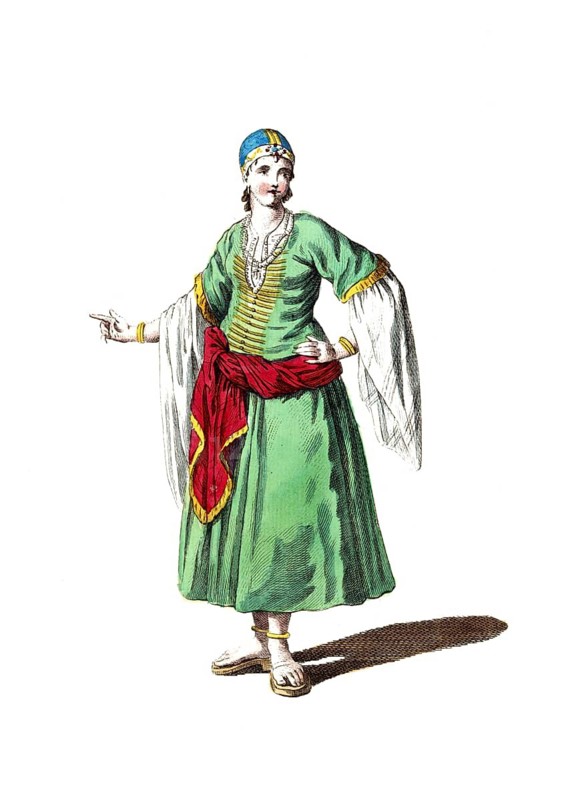 Historical clothing, fashion over time, lady from the Barbary coast in morning dress, 18th century, digitally restored reproduction of an 18th/19th century model, exact date unknown, man in green traditional dress, wearing headscarf and showing loose posture