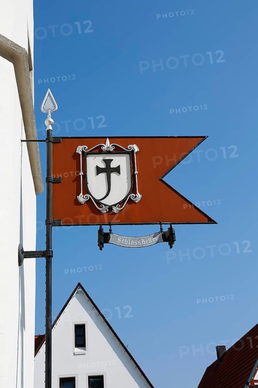 Sign at Werdenberg Castle, castle cellar lettering, symbol, coat of arms, Werdenberg Castle, Renaissance castle of the Counts of Werdenberg, today Werdenberg School, historical building, architecture, Trochtelfingen, Baden-Württemberg, Germany