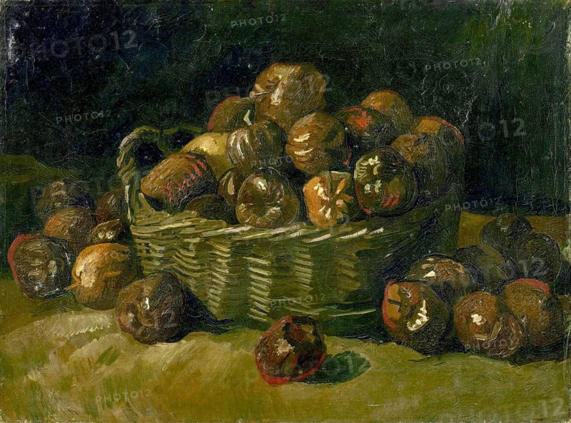 Basket of apples (1885), Painting by Vincent Willem van Gogh (born 30 March 1853 in Groot-Zundert, died 29 July 1890 in Auvers-sur-Oise), Dutch painter and draughtsman, one of the founders of modern painting, Illustration, Reproduction from a painting. Authentic, exact date of the original unknown, Historical, A basket of dark fruit stands on a table in muted earth tones