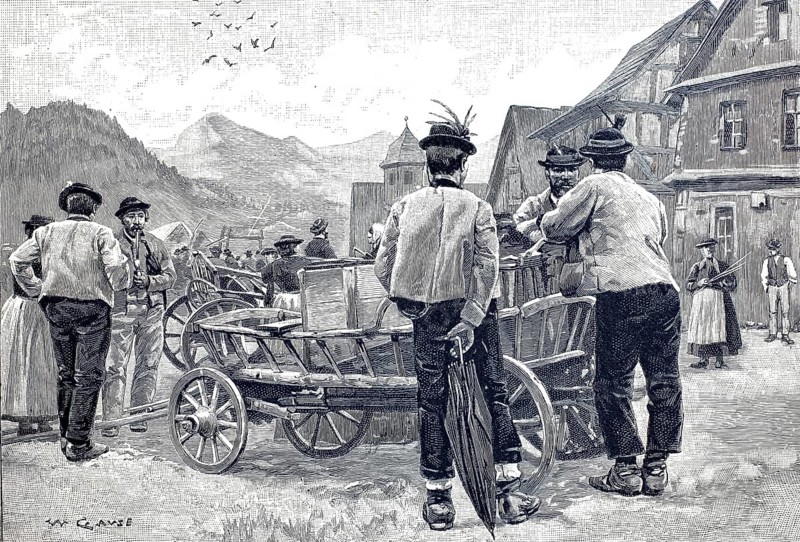 Arrival of wagons and traders at a market in Tyrol, 1890, Austria, illustration, reproduction from a model from the 19th century. Authentic, file restored for optimal use, exact date of submission unknown, historical, men in traditional dress talking in a village overlooking a picturesque mountain landscape