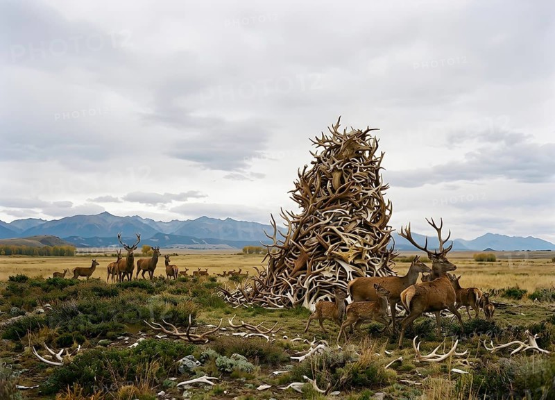 The Elkhorn Pyramid, hunting, bones, deer, historical illustration, digitally edited