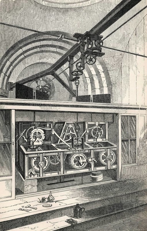 Watchmaking. Working parts of the clock at the Royal Exchange, London, England in the 19th century. From the Cyclopaedia of Useful Arts and Manufactures by Charles Tomlinson, digital reproduction of a historical model