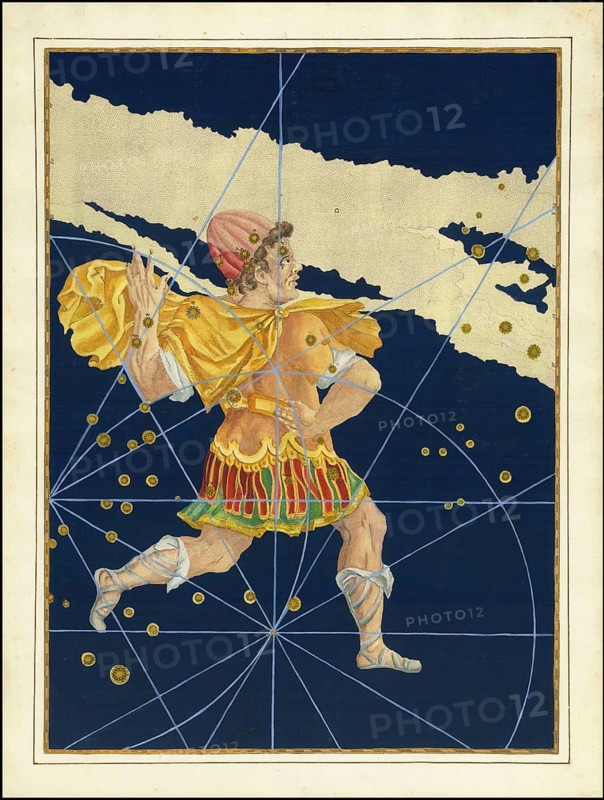 Astronomy. The celestial atlas, the Uranometria, Ptolemaic constellations, by Johann Bayer (1572 - 7 March 1625), German astronomer, Cepheus, Kepheus, a constellation of the northern sky, digitally enhanced reproduction of a historical model