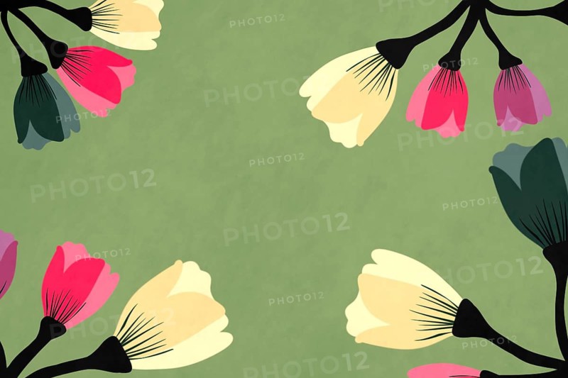 A vibrant floral illustration, featuring a variety of colorful flower designs on a soothing green backdrop, suitable for decorative and creative uses