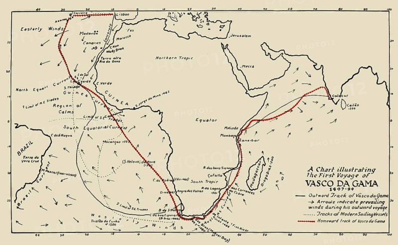 Map of the first voyage of Vasco da Gama, c. 1460s – 1524, Portuguese explorer, digitally edited
