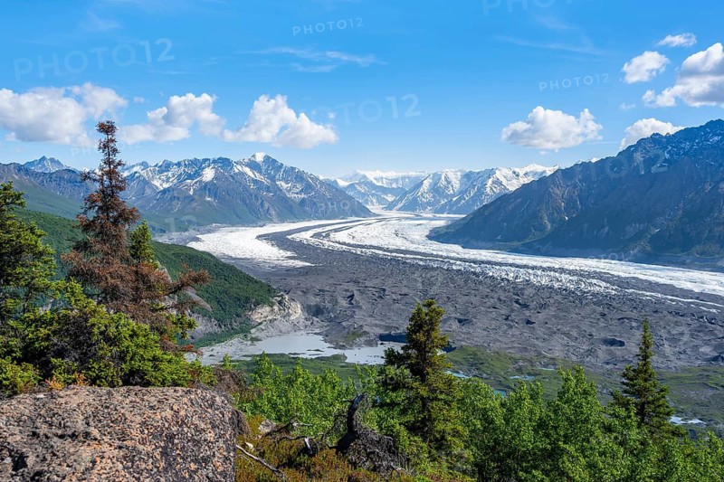 View of impressive mountain landscape with the Matanuska Glacier tongue, Lion's Head, Chugach Mountains, Alaska, USA