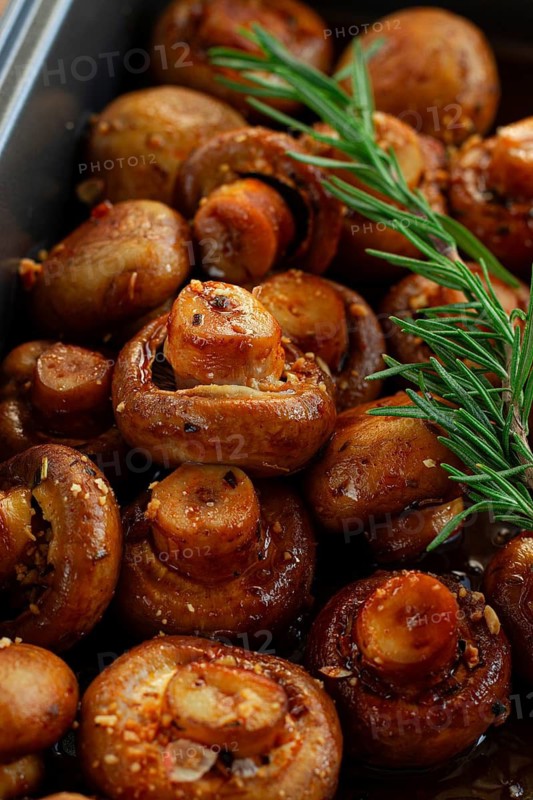 Fried mushrooms, with spices, in soy sauce, vegetarian food, homemade, no people