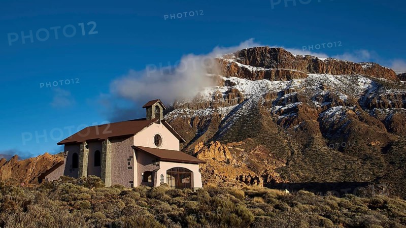 Ermita de las Nieves, small chapel against an impressive snow-covered mountain backdrop, Teide, Parque Nacional del Teide, Teide National Park, volcano, volcanism, UNESCO World Heritage Site, Tenerife, Canary Islands, Spain