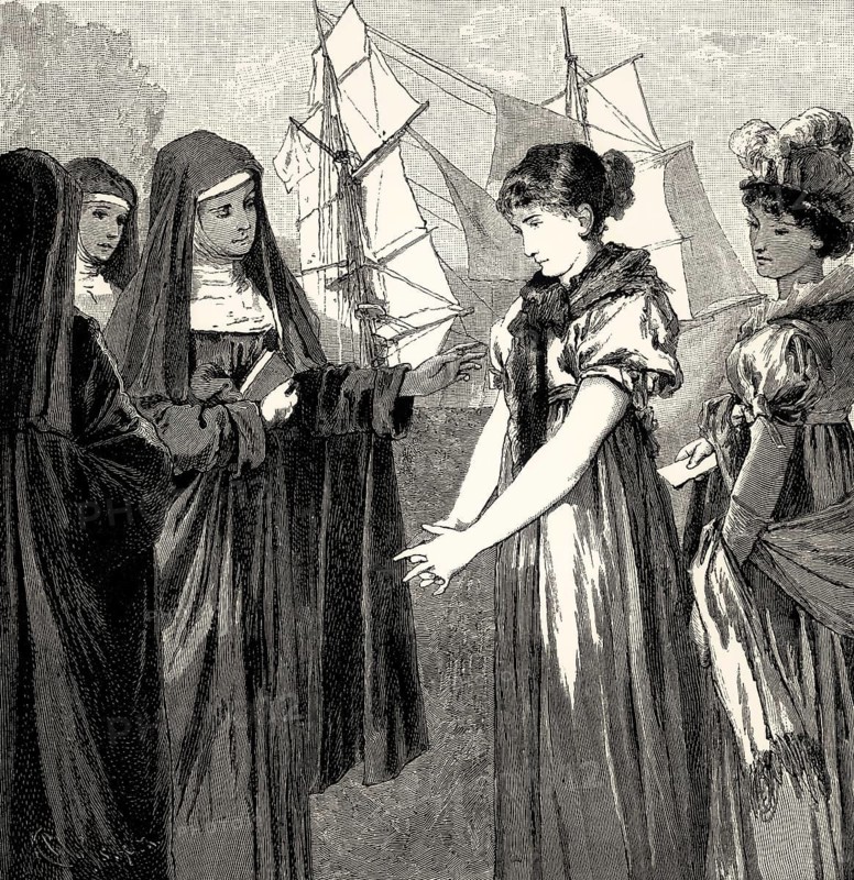 ACT V., SCENE IV., Abbess, Two Nuns, scene from THE NATURAL DAUGHTER, DIE NATÜRLICHE TOCHTER, by Johann Wolfgang von Goethe
