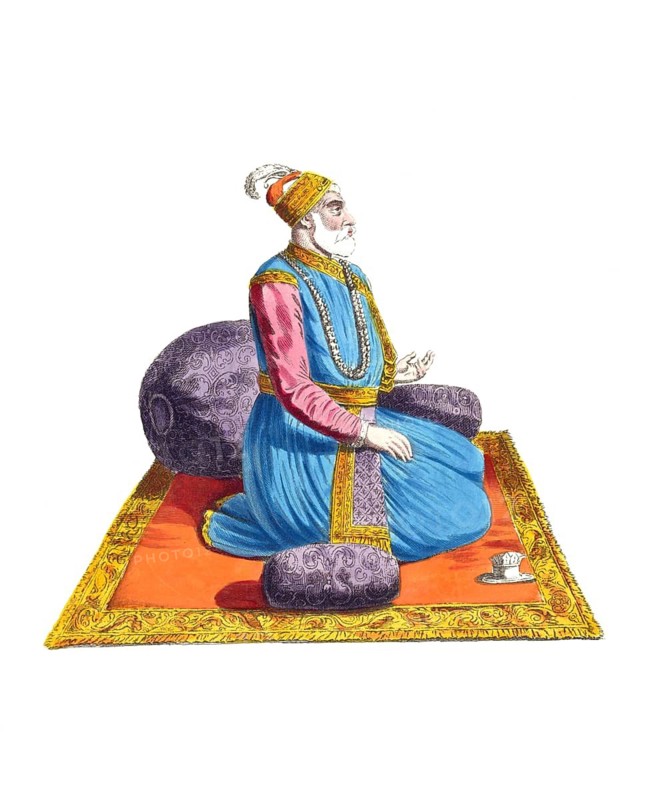 Historical clothing, fashion over time, The clothing of Allaverdy Cann, the fourth Nawab of Bengal from 1740 to 1756, grandfather and predecessor of Suraja Dowla, Mir Syed Jafar Ali Khan Mirza Muhammad Siraj-ud-Daulah, digitally restored reproduction of an 18th/19th century original, exact date unknown, man in oriental clothing sitting on a colourful carpet