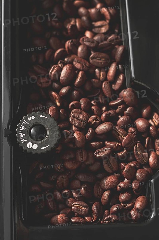 Coffee machine, coffee bean container, top view, close-up, no people, rustic style, selective focus