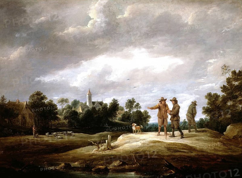 Peasants conversing, painting by David Teniers (baptised 15 December 1610 in Antwerp, died 25 April 1690 in Brussels), Flemish painter, draughtsman and curator. He was an innovator in a variety of genres such as history painting, genre painting, landscape, portrait and still life. He is most remembered today as the leading Flemish genre painter of his time, reproduction from a 17th century painting. Authentic, file restored for optimal use, exact date of original unknown