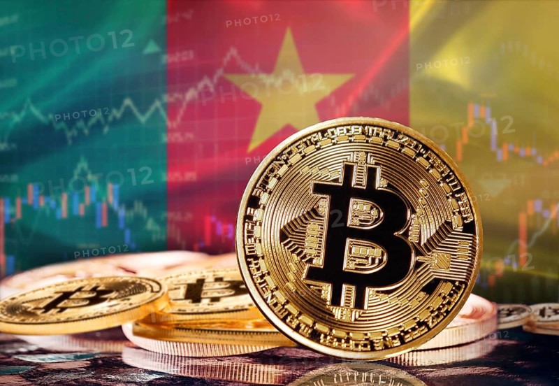 Bitcoin with Cameroonian flag in the background. Investors in cryptocurrency and Blockchain Technology in Cameroon, Concept