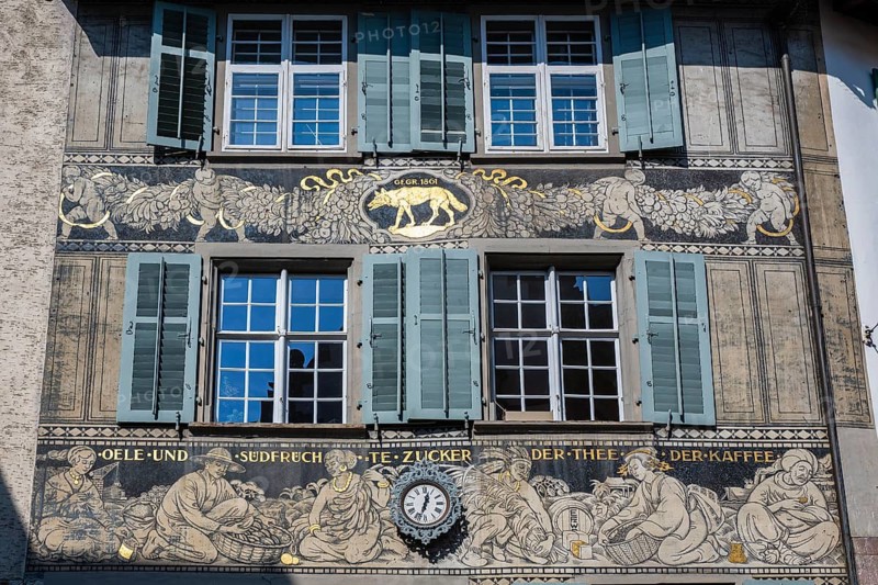 Detailed view of the historic Haus zum Wolf in Basel's Spalenberg district with detailed façade decoration, sgraffito depicting colonial trade, Altstadt, Basel, Canton of Basel-Stadt, Switzerland
