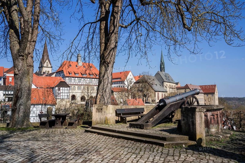 The Fügeler cannon on the castle rondel with panoramic view over medieval town of Warburg