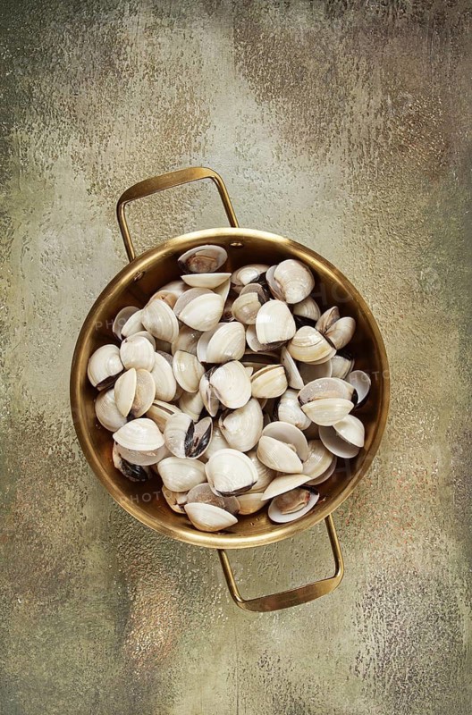 Freshly frozen vongole clams, in a frying pan, top view, no people