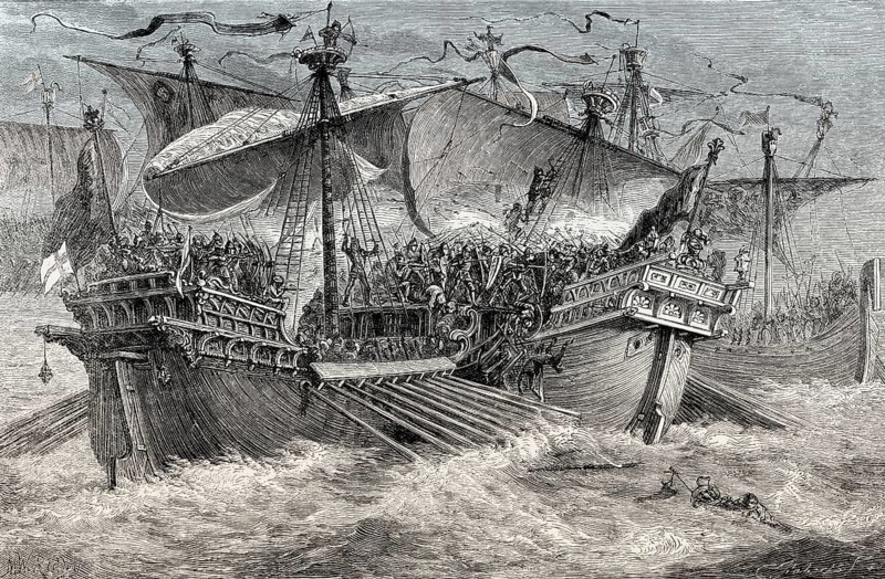 English capturing the French flagship, The Battle of Sandwich, or Battle of Dover, on 24 August 1217, First Barons' War, From British Battles on Land and Sea, by James Grant