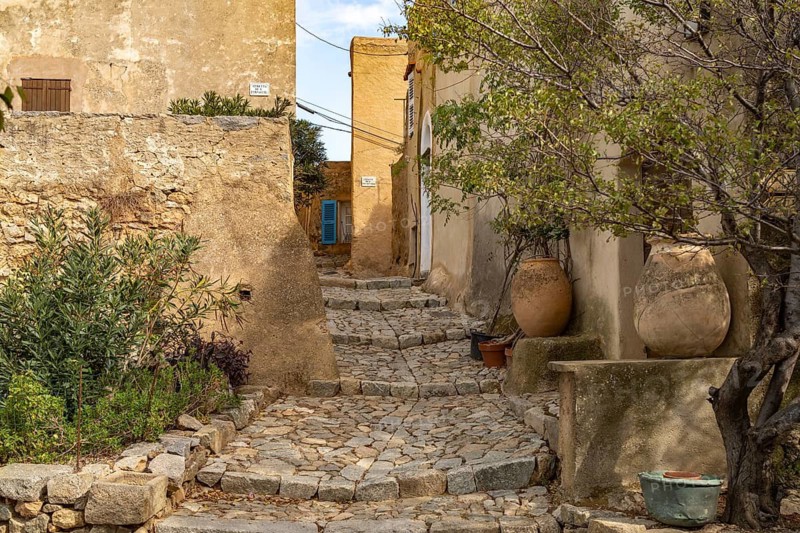 Narrow alleys in the artists' village Pigna, Balagne, Corsica, France