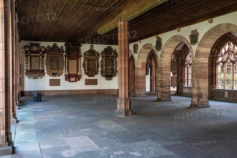 The large cloister of Basel Cathedral with numerous memorial plaques commemorating Basel personalities and council families, Altstadt, Basel, Canton of Basel-Stadt, Switzerland