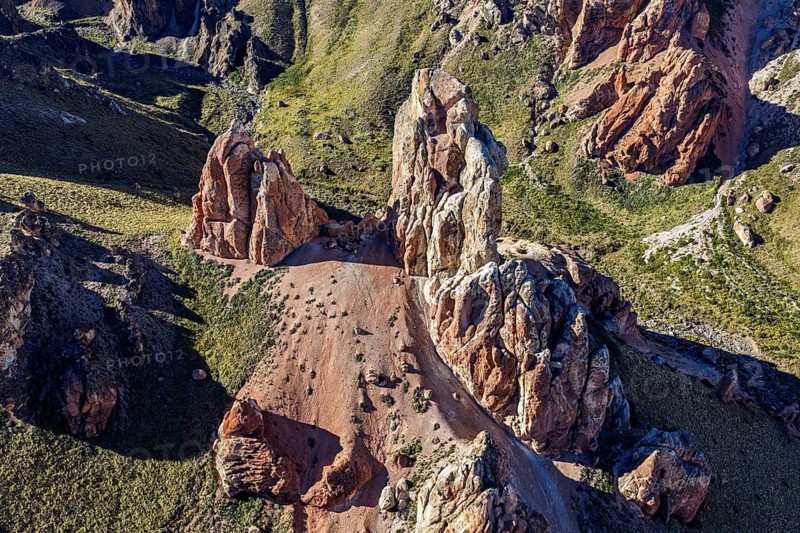 Colorful rock formations in the Valle Lunar, aerial view, section of the Jeinimeni National Park, Patagonia, Chile