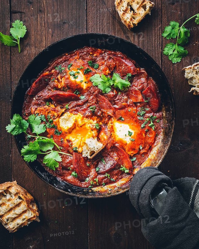 A delectable shakshuka dish featuring rich tomato sauce and perfectly cooked eggs, garnished with fresh herbs, presented in a rustic skillet, ideal for brunch or dinner