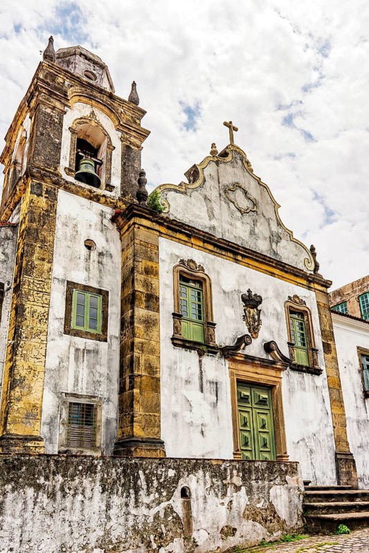 Aged historic church facade in the city of Olinda in the state of Pernambuco, northeastern Brazil, Olinda, Pernambuco, Brazil