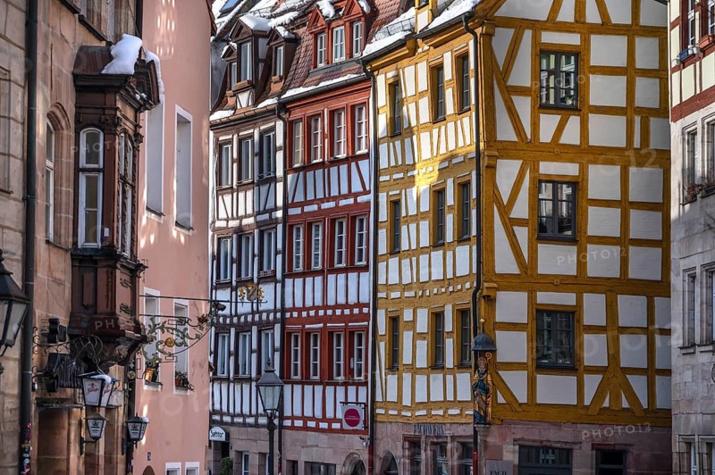 Detail, historic half-timbered houses in Weißgerbergasse in winter, Nuremberg, Middle Franconia, Bavaria, Germany