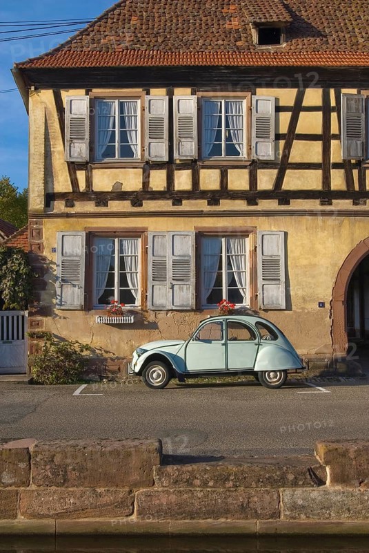 Old Citroen CV2, historic, old, old car, cult, fashion, in front of a half-timbered house in Wissembourg, Alsace, France