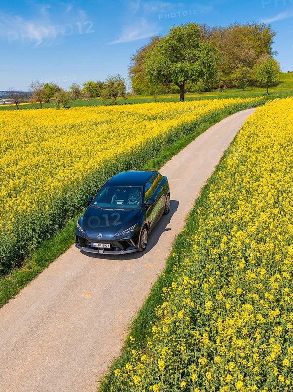 Car on a winding road, surrounded by blooming rape fields and sunlight, Deer E- Carsharing, Calw, Black Forest, Germany