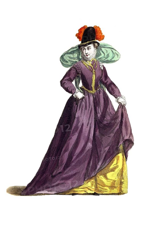 Historical clothing, fashion in the course of time, traditional costume of a noble woman from Burgundy around 1577, France, digitally restored reproduction of a model from the 18th/19th century, exact date unknown, woman in purple dress and hat, splendid and fashionably historical