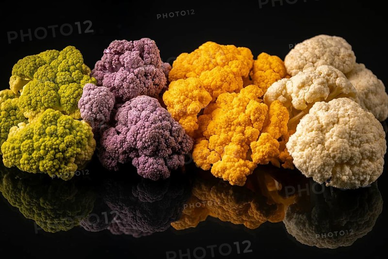 Several heads of cauliflower in different colors on a mirrored surface