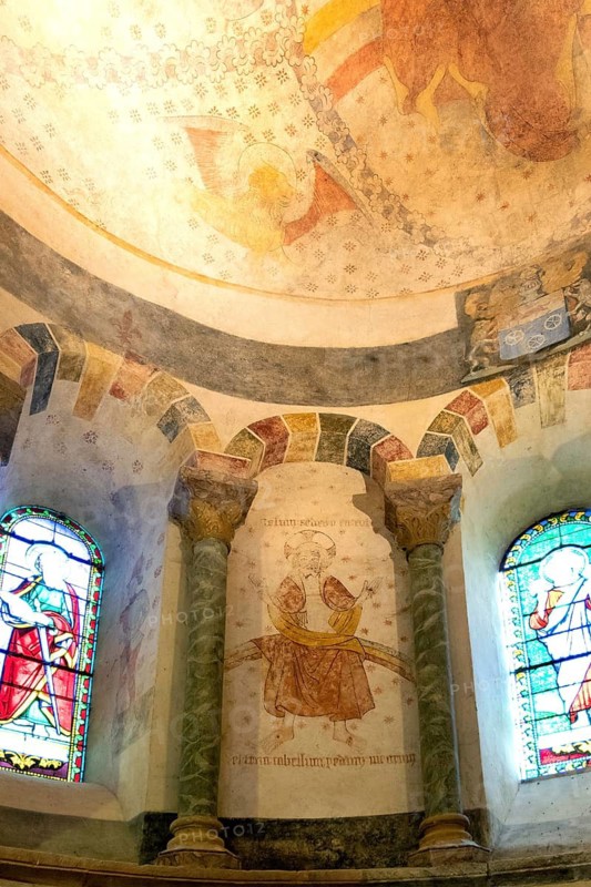 Biozat painted church. Saint Symphorien church. Choir murals. Allier department, Auvergne Rhone Alpes, France