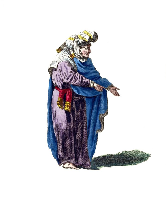 Historical clothing, fashion in the course of time, clothing of a Russian fortune teller in 1764, Russia, digitally restored reproduction of a model from the 18th/19th century, exact date unknown, older woman in blue and purple robe with headscarf