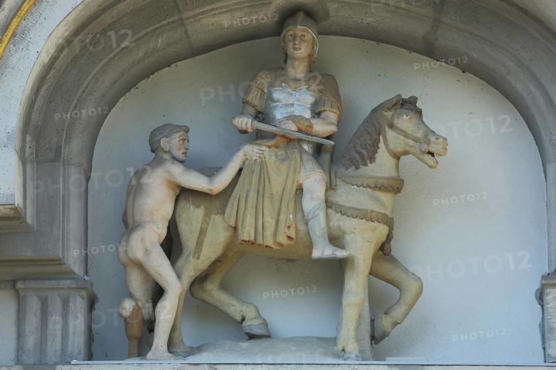 Good Samaritan with horseman, symbol of help, charity, giving, need, aid, equestrian figure, stone sculpture, detail, Old Castle, Höchst, Frankfurt am Main, Hesse, Germany