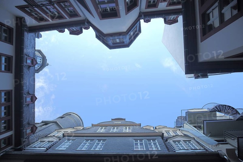 Backyard Hinter dem Lämmchen, looking up, perspective, building, courtyard, New Old Town, Frankfurt am Main, Hesse, Germany